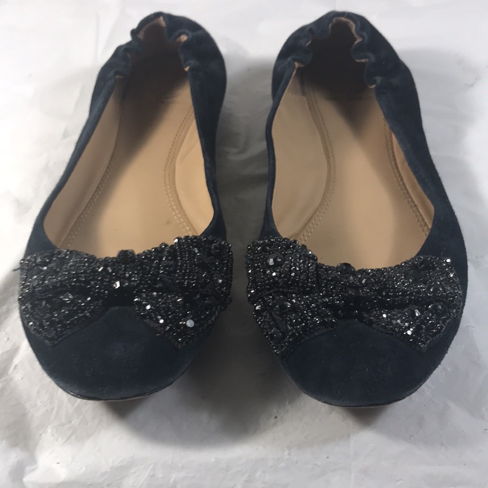 Tory Burch Women's Black Suede With Black Crystal Bows Slip On Ballet Flats - Picture 2 of 9